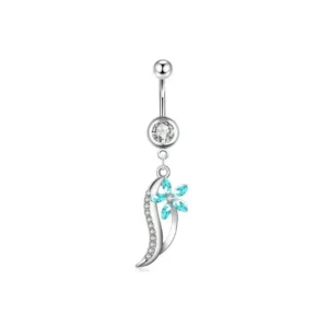 Bauchnabelpiercing Blatt mit Blume und türkisen Kristallen