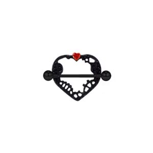 Brustwarzenpiercing Herz Schwarz mit rotem Kristall