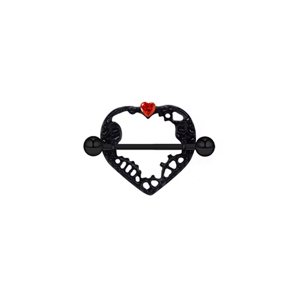 Brustwarzenpiercing Herz Schwarz mit rotem Kristall