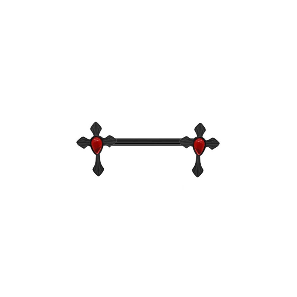 Brustwarzenpiercing Kreuz Schwarz mit rotem Kristall