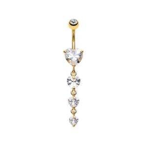 Bauchnabelpiercing mit Herz Kristall und Herz Anhängern mit goldfarbiger Beschichtung