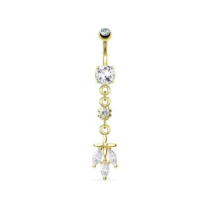 Bauchnabelpiercing mit Kreuz und 3 Kristallen mit goldfarbiger Beschichtung