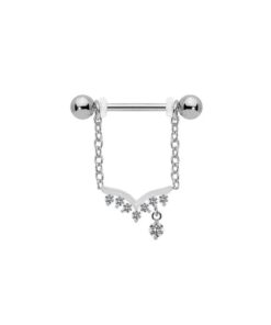 Brustwarzenpiercing mit Kette und 7 kleinen und einem großen Kristall aus Edelstahl