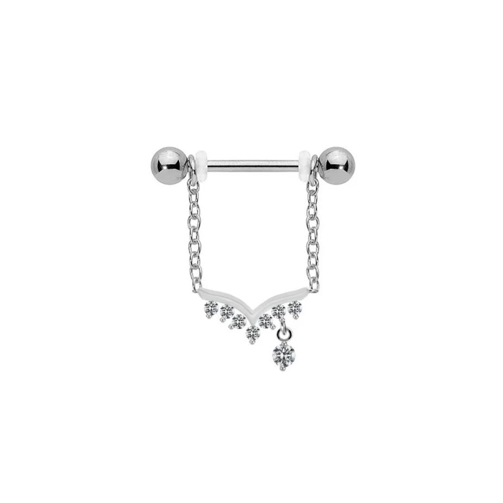 Brustwarzenpiercing mit Kette und 7 kleinen und einem großen Kristall aus Edelstahl