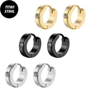 Titanstahl Creolen mit Zirkonia Stein | Gold / Schwarz / Silber – Huggie Ohrringe mit Glanz (Paar)