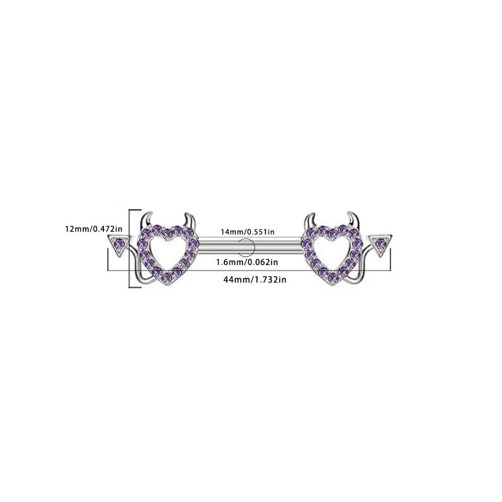 Brustwarzenpiercing Herz mit Hörnern und violetten Kristallen – 316L Edelstahl