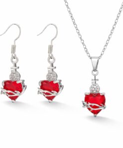 Schmuckset Herz mit Dornen – Ohrringe und Halskette mit rotem Kristall | silberfarben / goldfarben – Bild 2