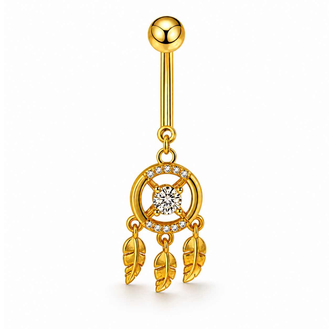 Bauchnabelpiercing Traumfänger Gold mit Zirkonia & Federn – Edelstahl 316L