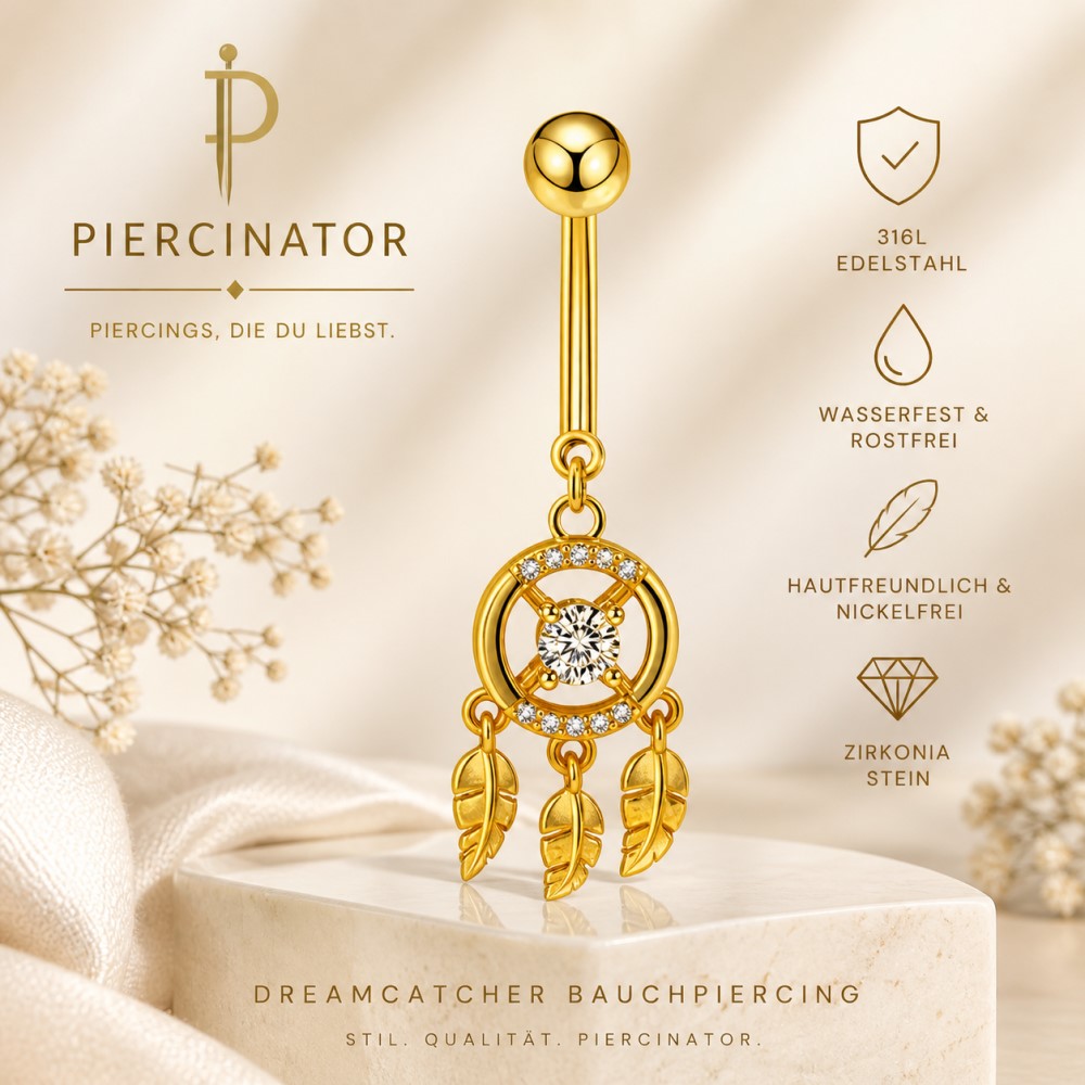 Bauchnabelpiercing Traumfänger Gold mit Zirkonia & Federn – Edelstahl 316L