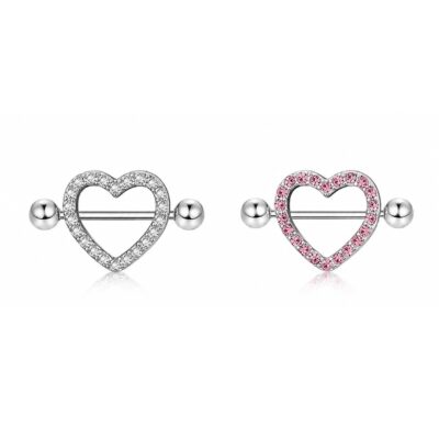 Brustwarzenpiercing Herz mit Weißen oder Rosa Zirkonia-Kristallen verziert